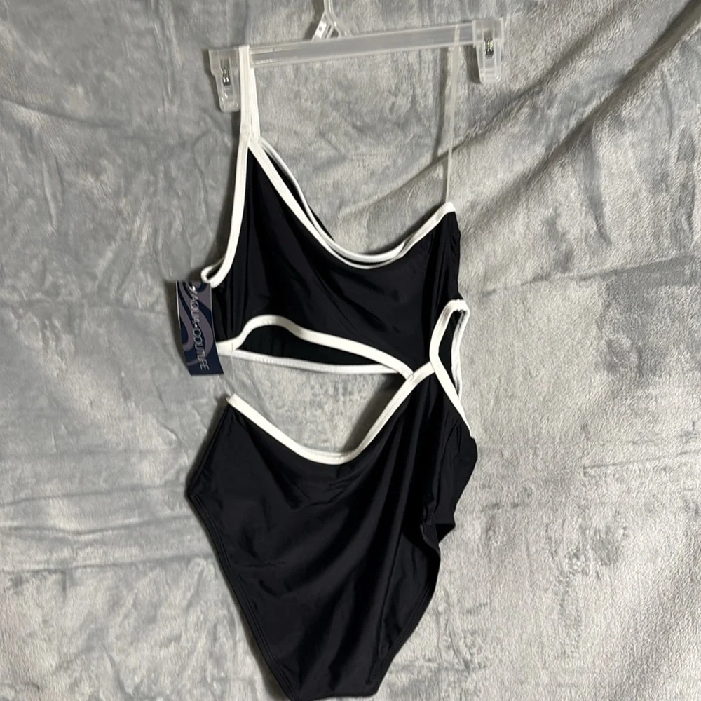NWT Black  White One-Shoulder Swimsuit women’s cut outs high waist hi cut thighs